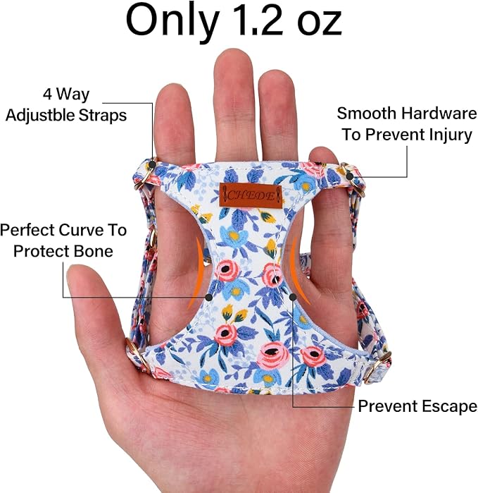 CHEDE No Pull Floral Pattern Dog Harness- Lightweight and Soft Dog Harness, Adjustable Small Dog Harness and Leash Set, with Dog Leash, Suitable for Puppy Small and Medium-Sized Dog (XS, Blue Rose)