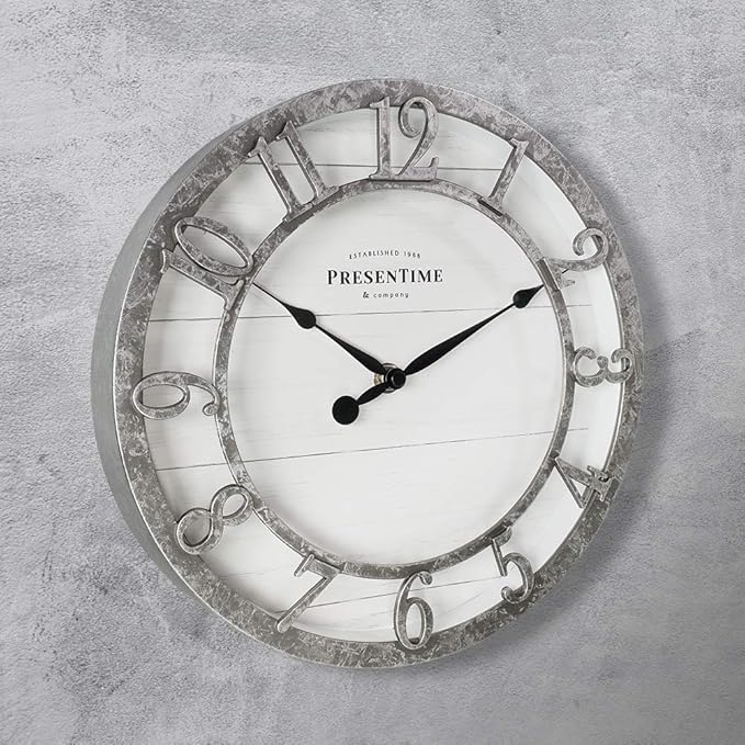 Presentime & Co 10" Farmhouse Series Wall Clock, Quartz Movement, Shiplap Style, Raised 3D Arabic Numeral, Galvanized Finish