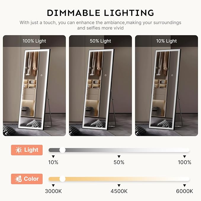 Kosmonia 64x22 Full Length Mirror, Dimmable 3 Color LED Light w/Light Memory, Distortion Free Silver Coating Mirror, HD Reflection &Anti Desilvering,Tempered Glass &Shatter Proof Film Doubles Safety