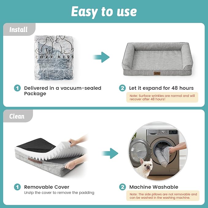 Cooling Dog Bed, Orthopedic Foam Dog Bed with Sides, Removable Washable Cover & Waterproof Lining and Nonskid Bottom, Comfortable Pet Beds for Large Dogs, Grey (42" L x 30" W x 7" Th)