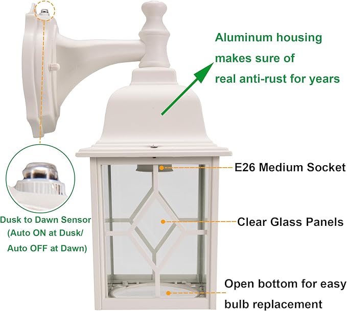LIT-PaTH Dusk to Dawn Outdoor Wall Lantern, White Large Exterior Wall Light Fixture, E26 Base, Anti-Rust Aluminum Porch Lighting for Outside, Patio, Garage, 1 Pack