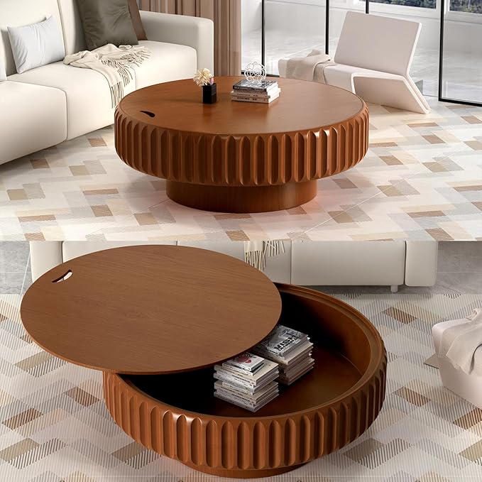 31.5" Drum Coffee Table with Storage Modern Unique Fluted Tea Table Contemporary Wood Round Coffee Table Center Table for Living Room Apartment (brown-31.5in)