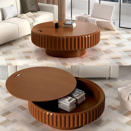 31.5" Drum Coffee Table with Storage Modern Unique Fluted Tea Table Contemporary Wood Round Coffee Table Center Table for Living Room Apartment (brown-31.5in)