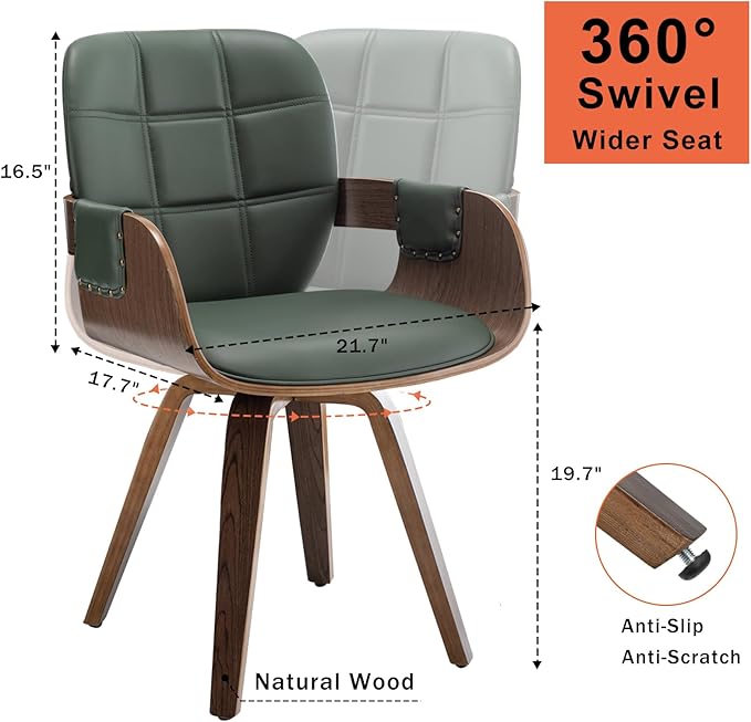 Set of 1 Mid Century Modern Chair - Swivel Dining Chair with Arms and Curved Back, Faux Leather Reception Room Chairs, Ideal for Kitchen/Living Room/Reception/Desk (Walnut Green)