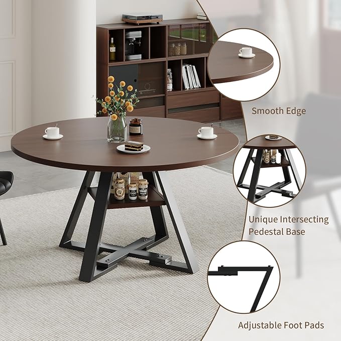 Walnut Round Dining Table Set for 4, Mid-Century Modern Kitchen Table and Chairs, Small Space Dining Room Furniture for Apartment, Breakfast Nook or Studio (Walnut Wood-1 Storage Table)