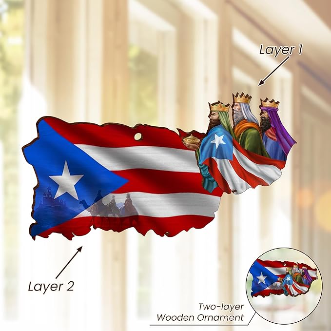 FLAGWIX Puerto Rico Christmas Ornament Gifts for Family Mom Dad - Three Kings Day Wooden Christmas Ornaments 2025 for Xmas Tree Decorations - Puerto Rico Gifts for Women Men, Friend Gift Ideas