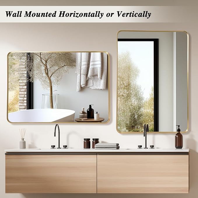 Wall Mirror 30" x 40" for Bathroom Gold Metal Deep Frame Rectangular Round Corner Wall Mounted Vanity Mirror for Bedroom Living Room Entryway Wall Decor