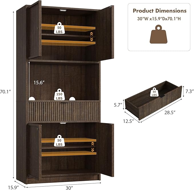 IDEALHOUSE Tall Storage Cabinet, 70" Kitchen Pantry Cabinet with Doors, Fluted Kitchen Hutch Cupboard with Microwave Shelf & Drawer, Freestanding Cupboard for Dining Room, Living Room, Brownish Red