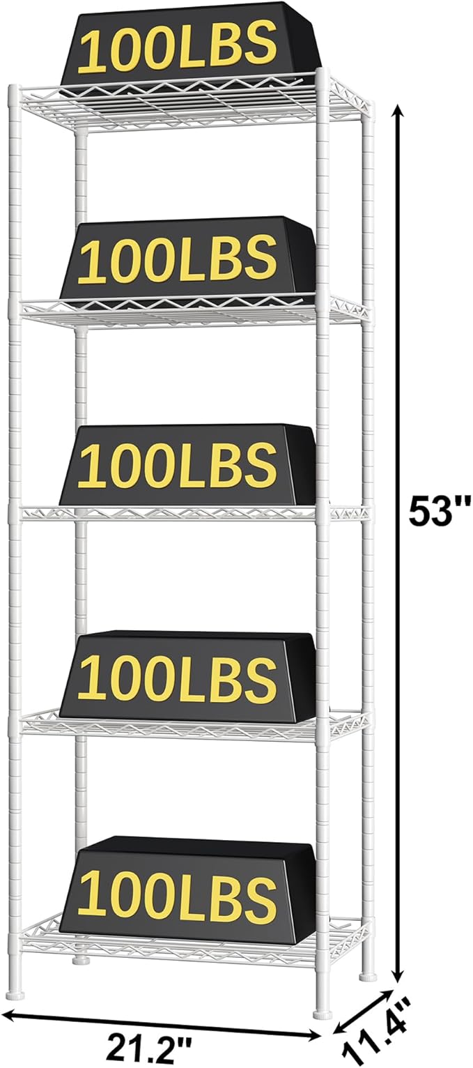 HOMEFORT 5-Shelving Unit, Adjustable Wire Shelving, Metal Wire Shelf Rack Organizer for Kitchen, Pantry, Closet, Bathroom, Laundry, White,21" W x 11" D x 53" H