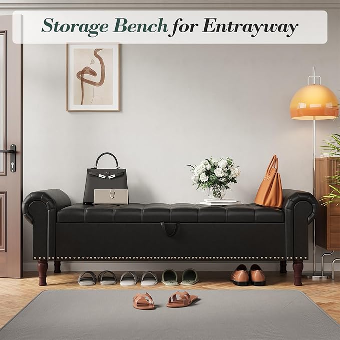 Apicizon 60” Bench with Storage, Queen Size Faux Leather End of Bed Bench with Tufted Button, Ottoman Bench with Rolled Arms & Vintage Rivets for Foot of Bed, Living Room, Entrance, Black