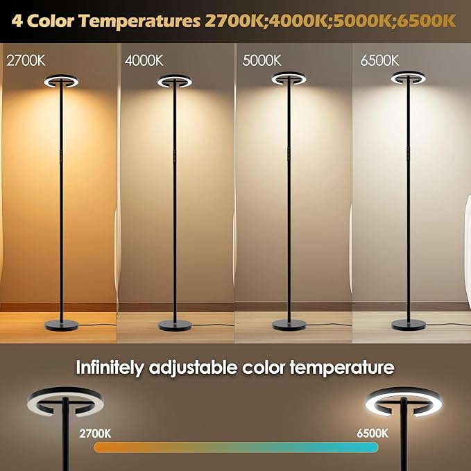 Floor Lamps for Living Room, 24W LED Floor Lamp with Remote, 70.8" Tall Standing Reading Lamp, 7-Level Brightness 4 Color Temps, Rotatable Modern Corner Lamp with Timer for Bedroom Home Office, Black