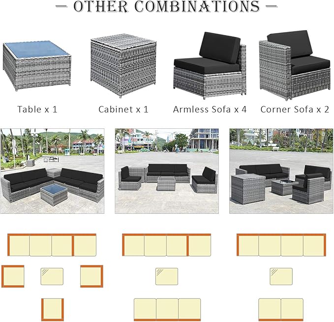 HAPPYGRILL 8-Pieces Patio Furniture Set Outdoor Rattan Conversation Set with Storage Box Sectional Wicker Sofa Set with Coffee Table and Cushions for Garden Backyard
