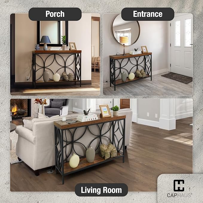 CAPHAUS 41” 2-Tier Industrial Sofa Console Thick Table w/Storage & Charging Station, Entrance Tableau w/ 2 Outlets, USB & Type-C Ports for Entryway, Living Room, Hallway, Foyer, Rustic, Butterfly