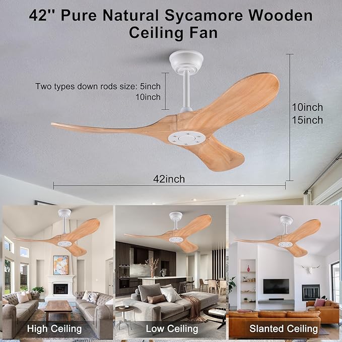 42 Inch Ceiling Fan no Light with Remote, Ceiling Fan without Light, 3 Wooden Blades,Reversible DC Motor,6 Speeds,Outdoor Indoor Ceiling Fan for Patio Bedroom Office