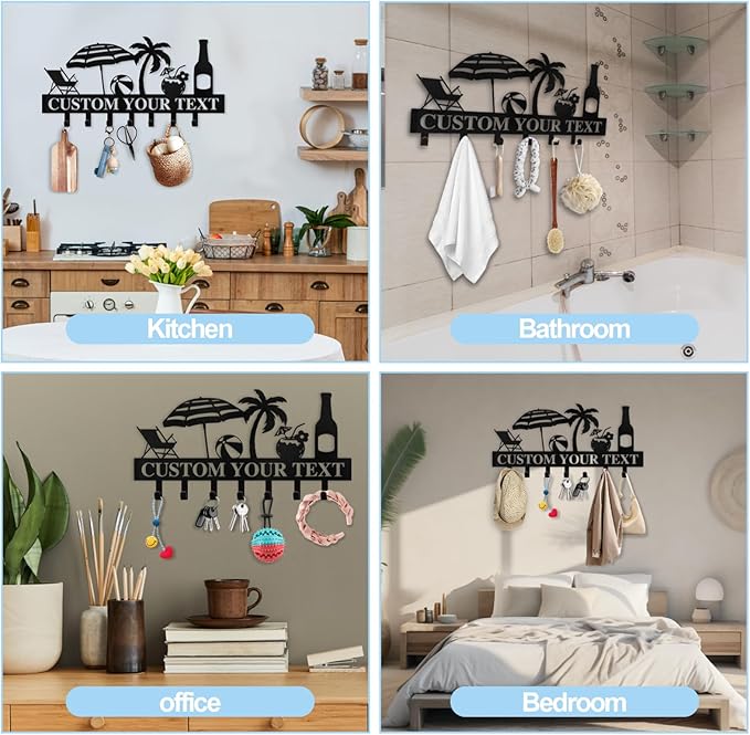 Personalized Key Holder for Wall - Beach Theme Key Holder Wall Mounted, Metal Coat Rack Hook Organizer, Key Rack Wall Hanging for Living Room, Bathroom, Entryway, Home Decor Housewarming Gifts