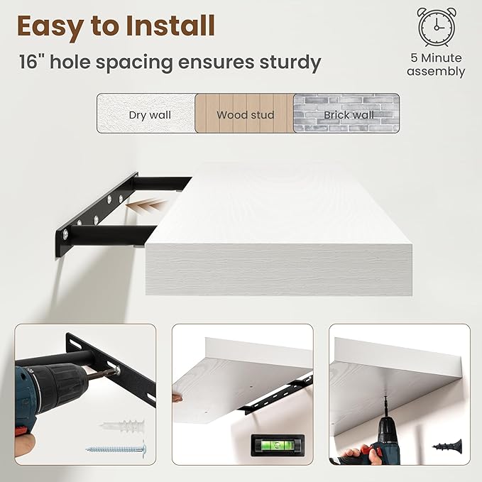 30 Inch Floating Shelves for Wall, 8 Inch Deep Floating Shelf for Storage & Display, Rustic Wall Mounted Shelf with Invisible Brackets for Living Room, Kitchen, Bathroom, Home Decor, Set of 2, White