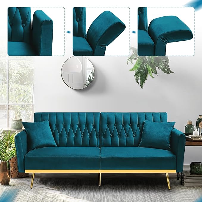 70” Velvet Futon Sofa Bed w/Adjustable Armrests and Backrest, Convertible Futon Couch w/2 Pillows, Modern Sleeper Bed for Living Room, Bedroom, Teal