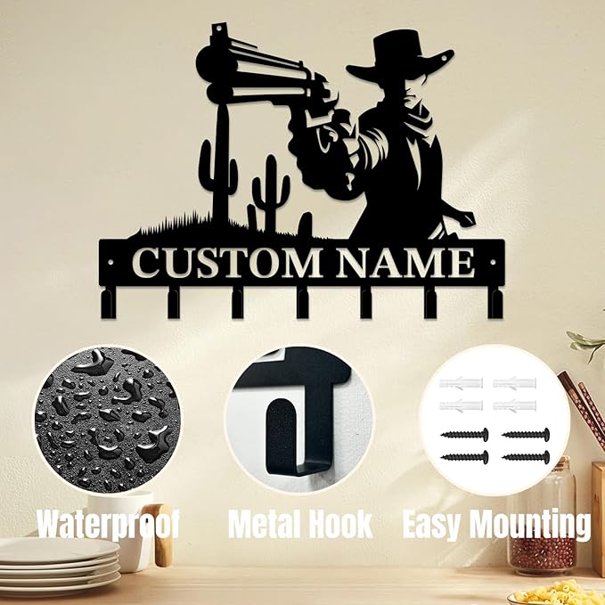 Personalized Custom Name West Cowboy Keys Hooks,Metal Cowboy Art Clothes Keys Hooks,Metal Cowboy Lover Wall Home Storage Decorative Keys Hooks,Key Holder Hooks for Wall (Style H)