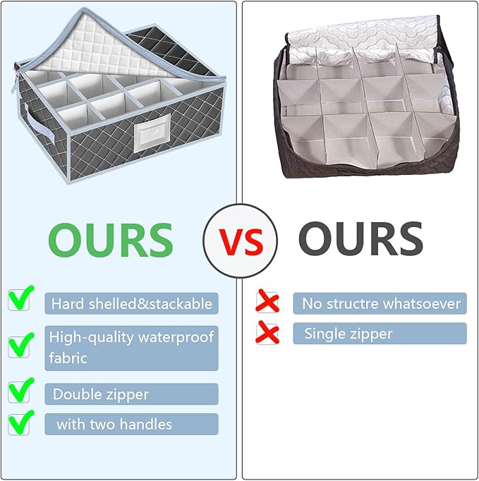 VERONLY Mug and Cup Storage Box with Dividers - 2 Pack China Storage Bin Containers Holds 24 Glassware, Stackable Coffee Mug Organizer Bin and Tea Cup with 2 Metal Zipper,Label and Handles (Grey)