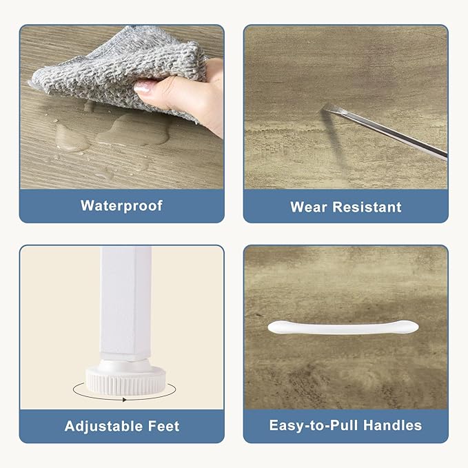 DUMOS Nightstand with 4 Drawers Bedside Table with Removable Fabric Bins Sturdy Steel Frame Wood Top Organizer Furniture for Bedroom Closet Living Room,Oak Greige