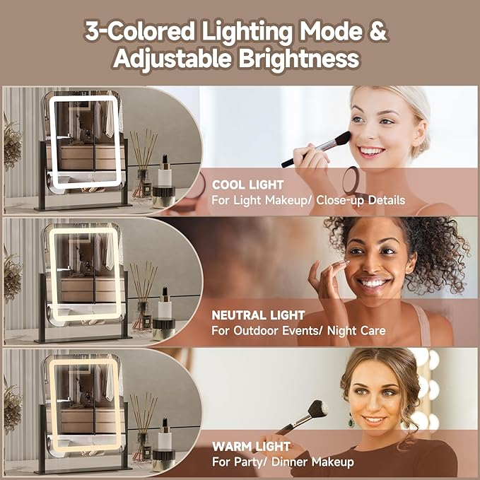 PRIMETEK Vanity Mirror with Lights, 16"x14" Large LED Lighted Makeup Mirror, Hollywood Makeup Mirror, Touch Screen, 3-Color Lighting, 5X Magnification, for Vanity Desk Tabletop, Bedroom, Black