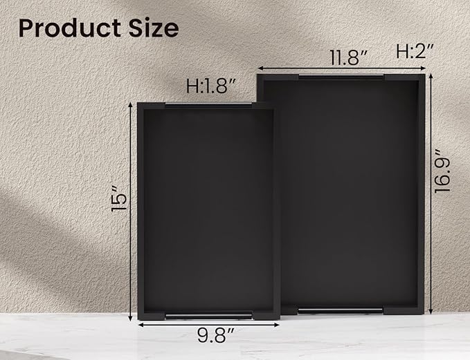 Bamboo Set of 2 Serving Tray with Metal Handles,Ottoman Decorative Trays Platter for Coffee Table,Living Room,Bar,Party(Black)