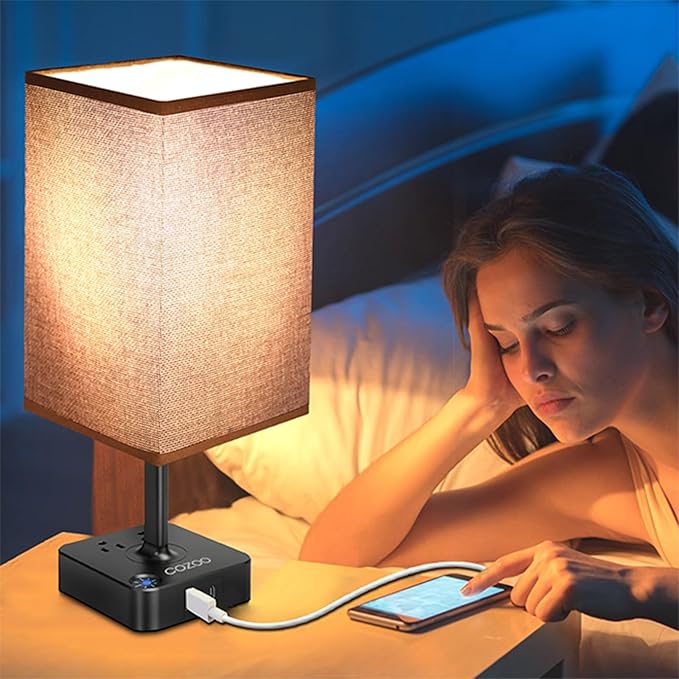 cozoo Bedroom Lamp Touch Control Bedside Table Lamp with USB C & USB A Charging Ports and 2 AC Outlets,Modern LED Desk Light with Charger Base Brown Fabric Shade for Bedroom/Nightstand/Office/Decor