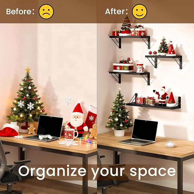 BAYKA Wall Mounted Floating Shelves, Wood Floating Wall Shelf for Books & Decor, Small Space-Saving Display & Organizer（Black，Set of 3）