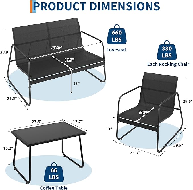 GarveeLife 4Pcs Textilene Conversation Set with 2 Chairs, Patio Conversation Set with Single Chairs and Glass Top Coffee Table, Textilene Furniture Set with Love Seat