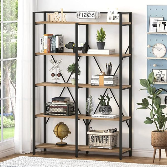 BON AUGURE Industrial Bookshelves and Bookcases, 5 Tier Heavy Duty Etagere Shelving Unit, Farmhouse Rustic Wood Metal Book Shelves for Office, Living Room and Bedroom (Vintage Oak)