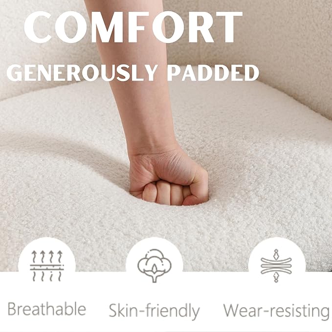 White Mid Century Modern Dining Chairs Set of 6, Farmhouse Boucle Upholstered Accent Curved Backrest Kitchen Chairs Armchairs with Black Wood Legs, White