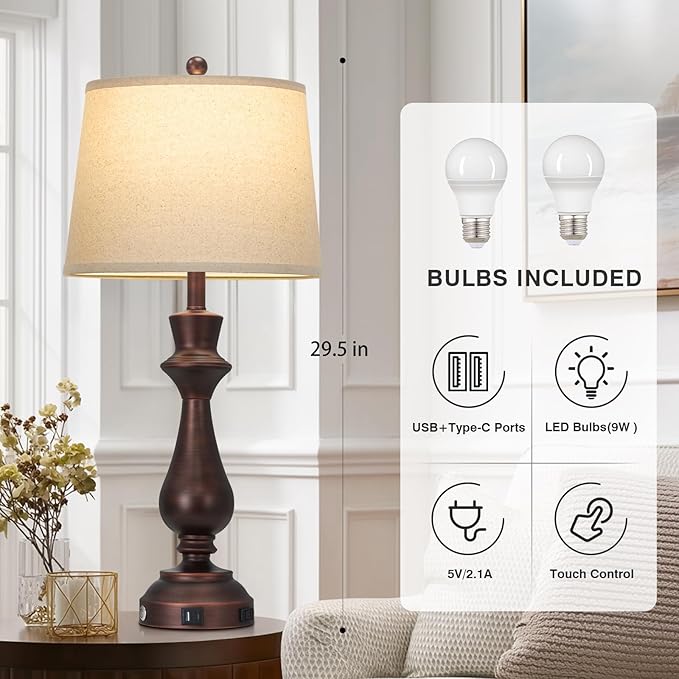 Vintage Table Lamps Set of 2 for Living Room,30" Tall Bedside Lamp with USB Charging Port,3-Way Dimmable Touch Nightstand Lamp for Bedroom Desk Side Table Office,Brown
