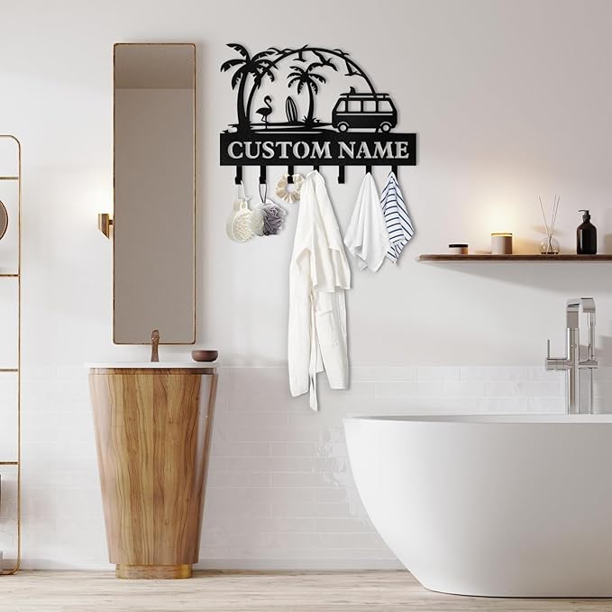 Personalized Key Holder for Wall, Beach Theme Key Holder Wall Mount with Hooks, Coconut Trees Key Hanger Wall Decor for Pool Bathroom Hallway Entryway Office, Customized Home Decor Gifts Color02