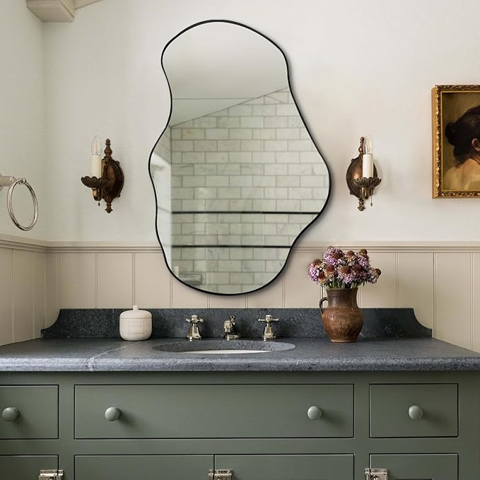 Irregular Shaped Mirror, 30"x20" Asymmetrical Mirrors with Metal Frame, Abstract Wall Mirrors Decorative, Modern Funky Mirror for Living Room Bathroom Bedroom Hallway Entryway Fireplace