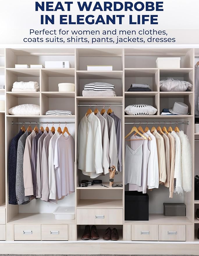 Smartor Wooden Hangers 10 Pack, Solid Wood Coat Hanger for Closet, Heavy Duty Wood Hangers for Suits, Shirts, Dresses, with 360° Rose Gold Hook, Non Slip Pant Bar, Natural