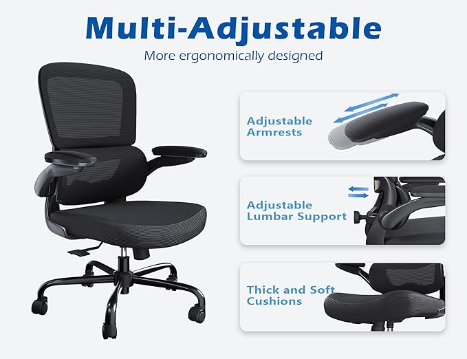 TRALT Ergonomic Office Chair - Desk Chair with Adjustable Lumbar Support Computer Chair - Mesh Comfy Chair with Flip-up Armrests - Gaming Chairs for Adults Home Office (Leather, Black)