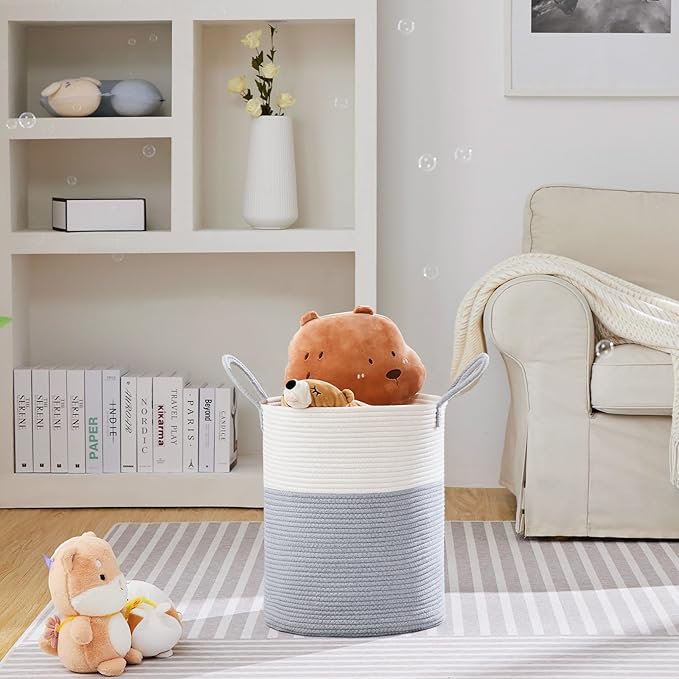 VIPOSCO Large Laundry Hamper, Tall Woven Rope Storage Basket for Blanket, Toys, Dirty Clothes in Living Room, Bathroom, Bedroom - 53L Grey & White