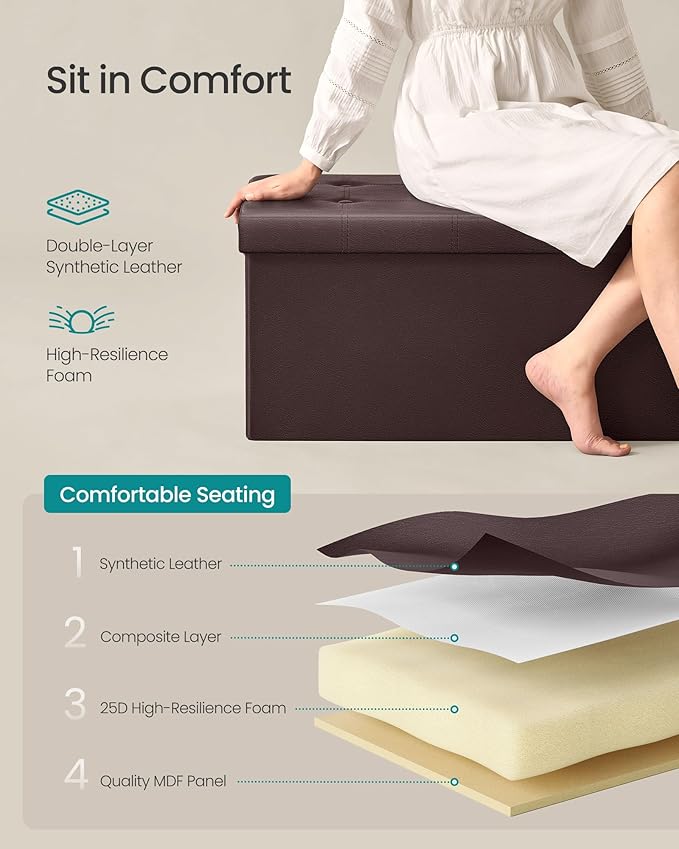 SONGMICS MAZIE Collection - 30 Inches Folding Storage Ottoman Bench, Ottoman with Storage, Foot Rest Stool, Load 660 lb, for Living Room, Synthetic Leather, Brown ULSF40Z
