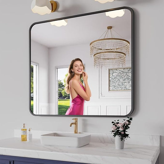 Koonmi Bathroom Mirror, 36X40 Brushed Black Rectangle Wall Mirror, HD Tempered Glass, Anti-Rust Frame Vanity Mirror, Rounded Rectangle Mirror for Restroom, Bedroom, Hangs Horizontal or Vertical