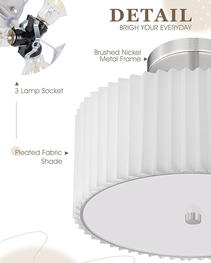 Semi Flush Mount Ceiling Light, 3-Light 12.5" Ceiling Light Fixture with White Pleated Fabric Shade, Brushed Nickel Drum Lamp for Nursery Hallway Bedroom Kitchen, AD-25036-3SF-SN