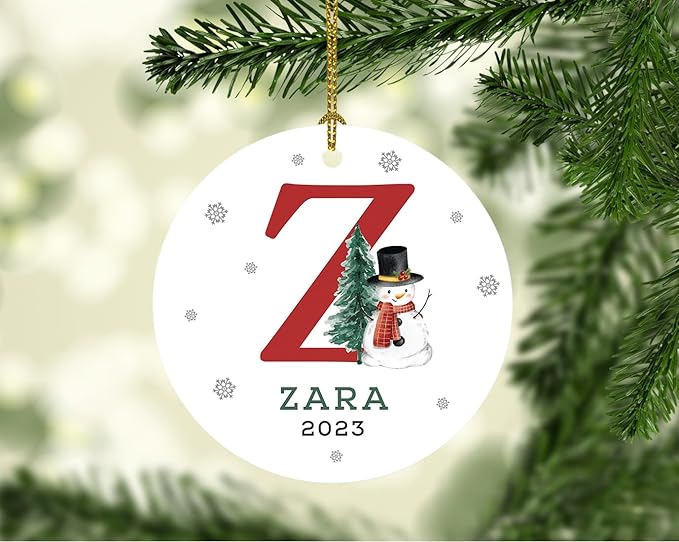 Andaz Press Personalized Christmas Ornaments, Custom Name, Initial Z Monogram Snowman 2.8" Ceramic Porcelain 2025 Christmas Ornament Keepsake for Kids, Boys, Girls, Christmas Initial Ornaments 1-Pack
