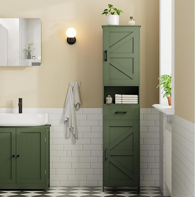 Homhedy 67" H Tall Bathroom Storage Cabinet with 2 Barn Doors and 1 Drawer, Narrow Storage Unit, Adjustable Shelves, Floor Cabinet for Bathroom, Living Room, Entryway, Kitchen, Green, (15.7" W)