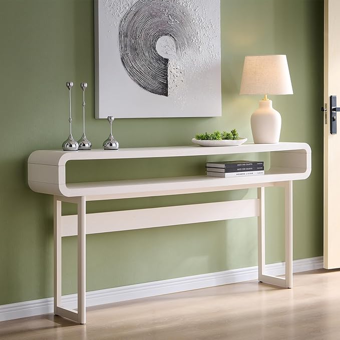 63-Inch Long Console Table, 31.5" Tall Modern Entryway Table with Open Storage Shelf, Curved Profile Design, Narrow Wood Sofa Table Behind Couch Table for Living Room, Hallway, Foyer, White
