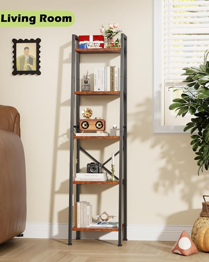Furologee 5 Tier Ladder Shelf Bookcase, Tall Narrow Bookshelf with 2 Hooks, Rustic Brown Bathroom Corner Book Shelf, Metal Wood Book Case Standing Unit, Display Shelf for Living Room Office Kitchen
