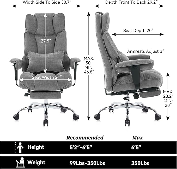 Efomao Executive Office Chair, Soft-Cushioned Computer Chair with Foot Rest, Fabric Home Office Desk Chairs, Big and Tall Office Chairs, Grey