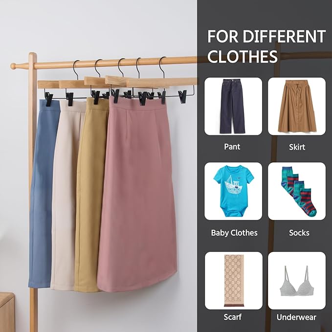 Nature Smile Deluxe Wooden Pants Hangers,Solid Rubber Wood Jeans Skirt Hanger with Black Adjustable Clips and Rotatable Hook Pack of 10(Natural Varnished)