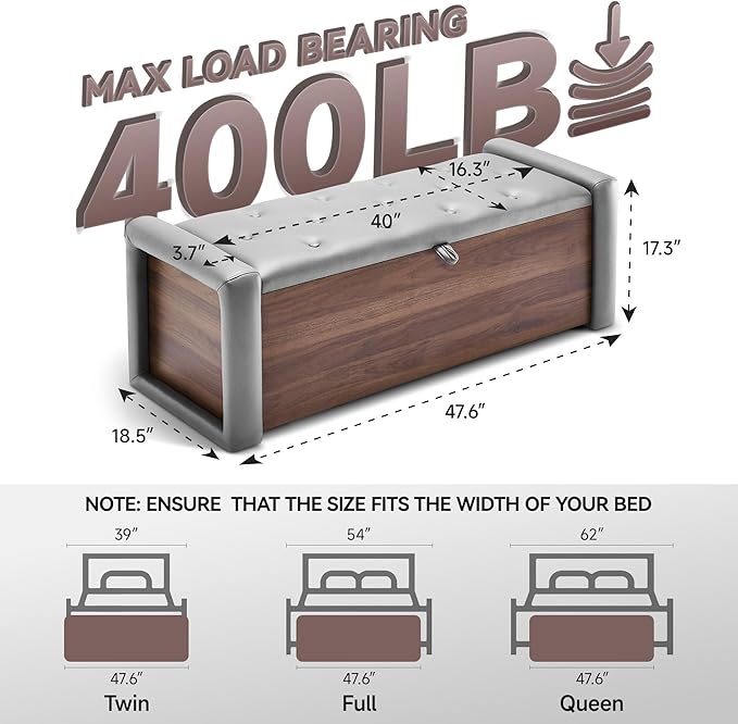 48" Large Storage Ottoman Bench, Faux Leather Upholstered Bed Bench with Button Tufted, End of Bed Ottoman with Safety Hinge for Bedroom, Living Room, Window，or Entryway, Drak Grey Shoe Storage Chest