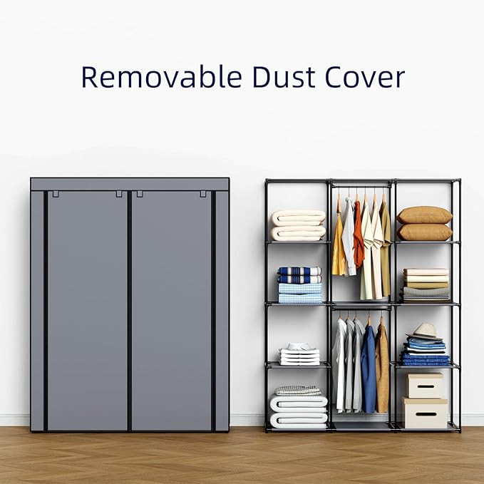 Portable Closet, Wardrobe Closet with 10 Storage Shelves and 2 Hanging Rods, Non-Woven Fabric Cover, 52.4 x 18.1 x 66.6 Inches Closet Organizer for Bedroom, Gray