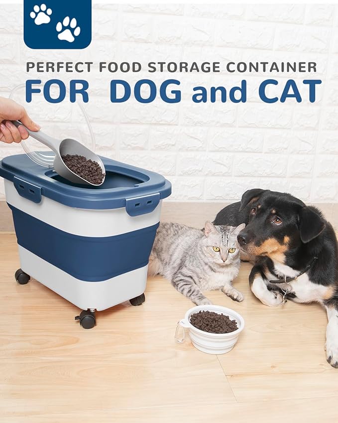 20-23 Lbs Dog Food Storage Container - Collapsible Dog Food Container with Wheels Airtight Lids, Scoop and Small Container, Pet Food Storage Dry Food For Dog, Cats and Other Pet (Blue)