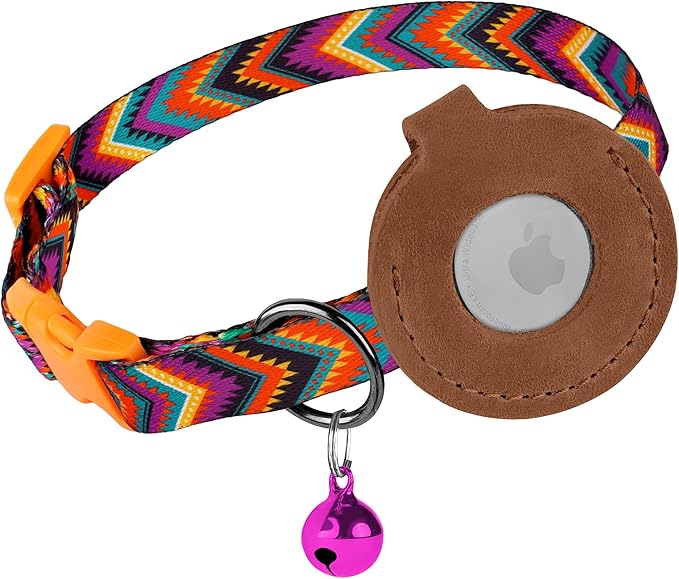 Airtag Cat Collar with Bell - Non Breakaway Soft Pet Collar with Leather Air Tag Holder - Adjustable GPS Anti-Lost Collars for Girl Boy Cats Kitten Puppies, Lightweight and Patterned (Arrows)